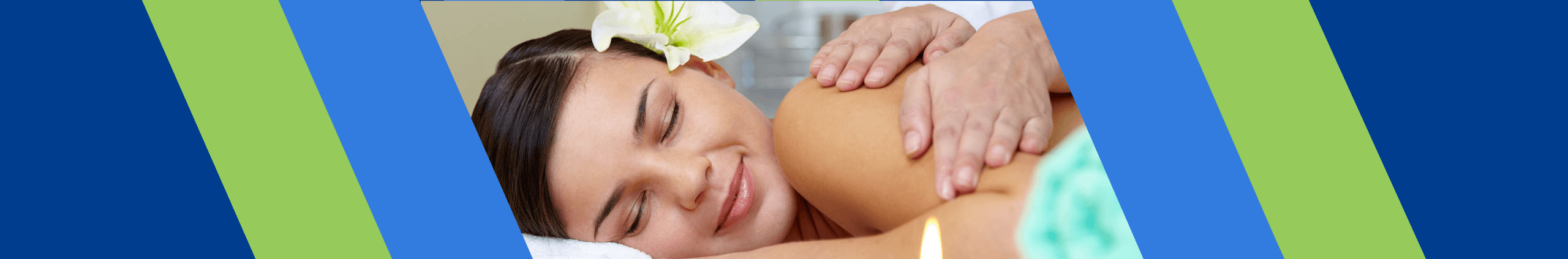 Banner image with colored striped shapes on the sides and an image of a person getting a massage in the middle